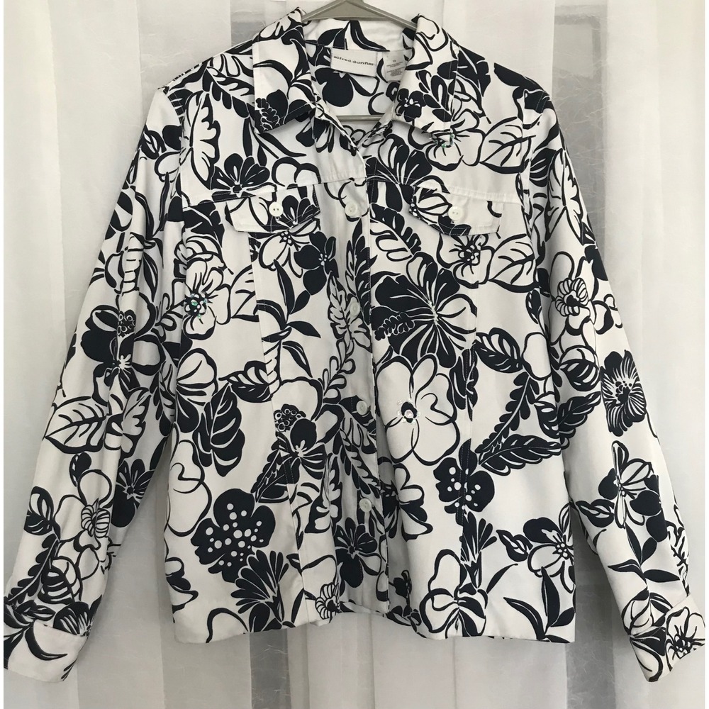 Alfred Dunner Womens 10 Black White Floral Sequin Button Front Jacket Shacket